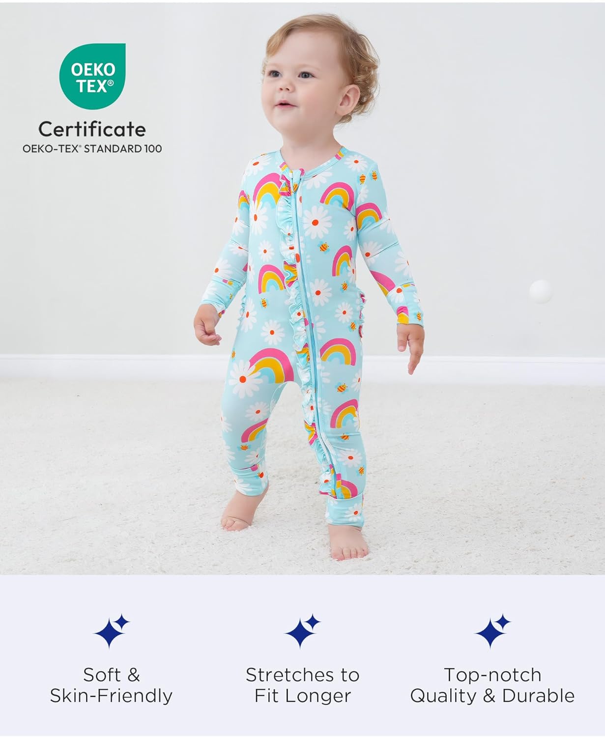 Bamboo Viscose Baby Girl Footless Pajamas Ruffled Baby Sleepers with 2 Way Zipper