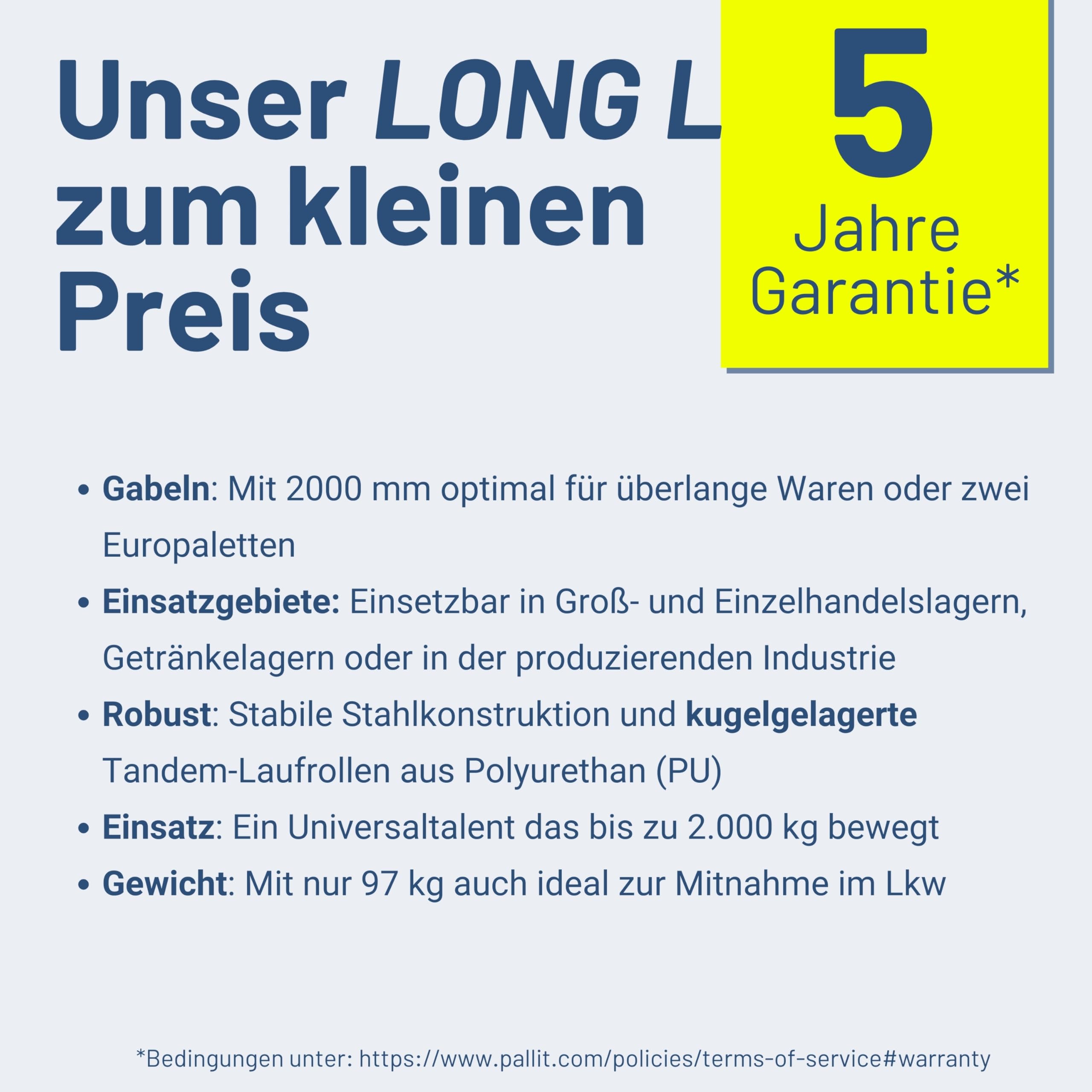 Pallit Hubwagen lang 2000 kg Tragkraft 2000 mm Gabellänge PU Rollen Long-L Gabelhubwagen Handhubwagen Langer Palettenwagen aus Stahl