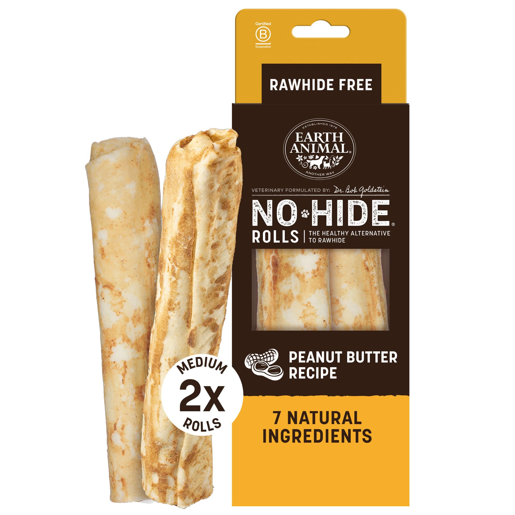 Earth Animal No-Hide® Peanut Butter Rolls (2 Pack) – Long-Lasting Dog Chews – Natural Dog Treats for Medium Dogs (18-34 kg) – Easy to Digest, Supports Healthy Teeth & Gums – 100% Recyclable Packaging