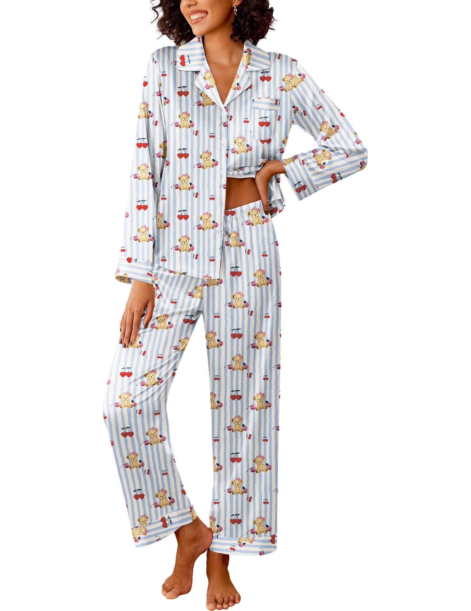 Ekouaer Womens Silk Satin Pajama Sets 2 Piece Sleepwear Pjs Set Long Sleeve Button Down Top and Pants