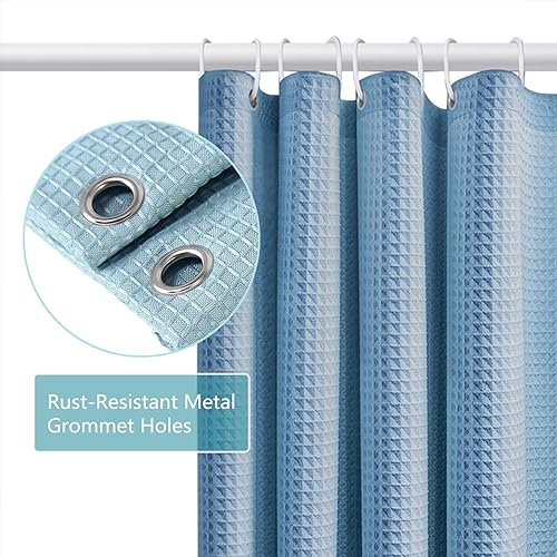 Miniatura 2 de Cortina de ducha de tela con parte inferior pesada, tejido de gofre azul niebla, 12 ojales resistentes a la corrosión, calidad de hotel, 72 x 72