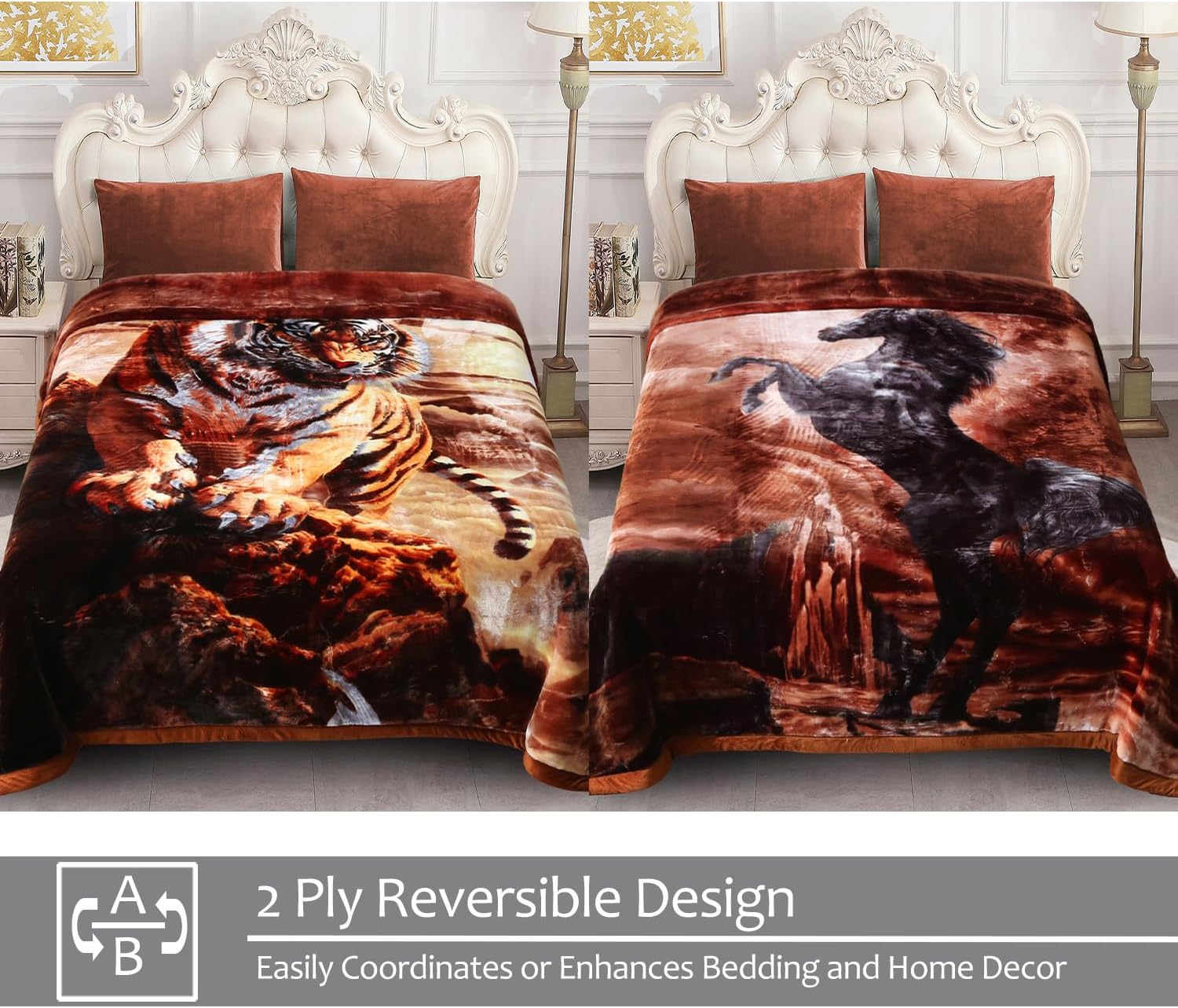 JML Korean Style Fleece Blanket King Size, 87" x94", 10.5 lbs, Heavy Raschel Fleece Animal Blanket for Adult, 2 Ply, Silky Plush Soft,Thick, Warm for Fall Winter, A&B Print Tiger & Horse - Image 2