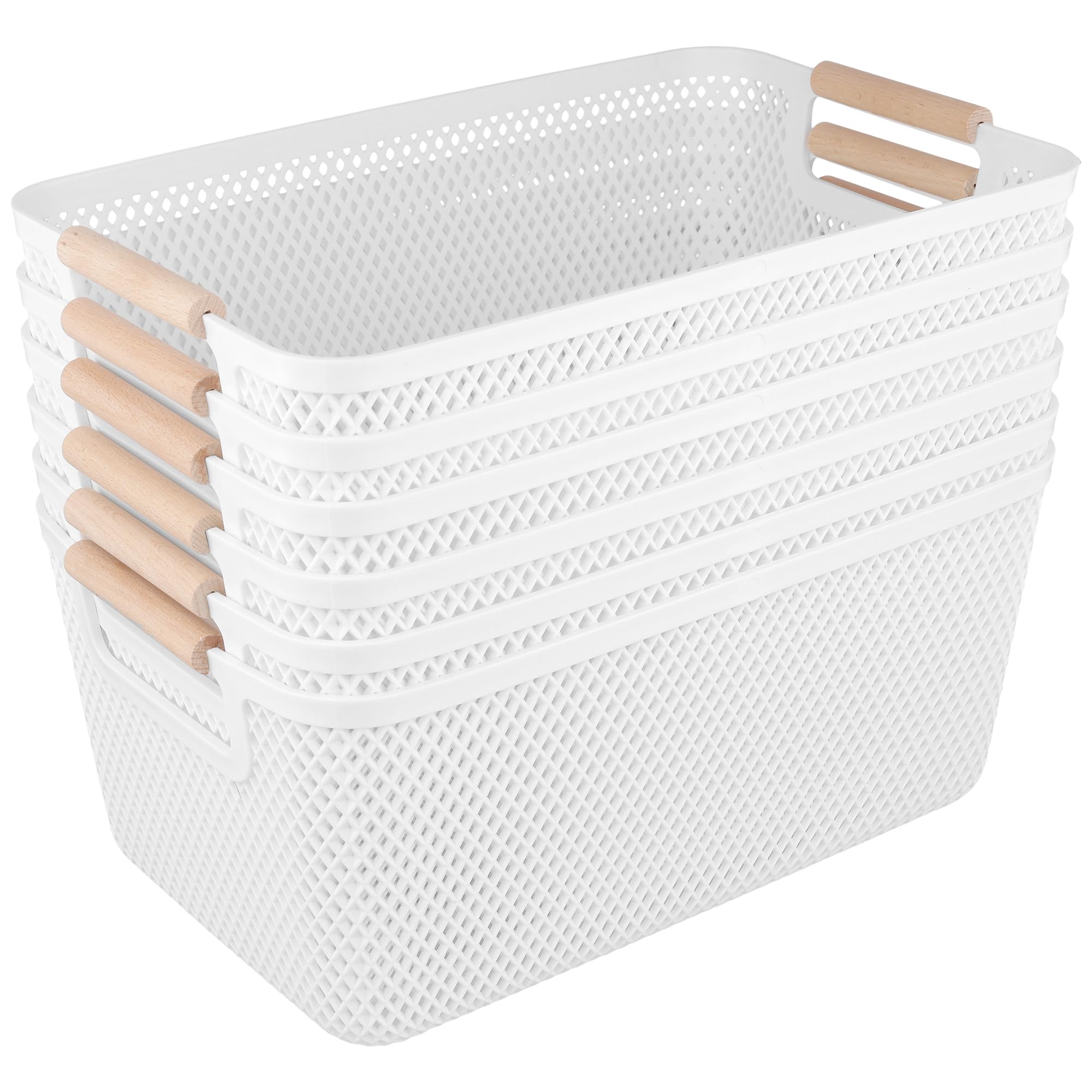 6 Stück Aufbewahrungsbox Weiß Groß, 35,5 x 22,9 x 16,2 cm Kunststoffboxen mit Massivholzgriffen, Atmungsaktiv Aufbewahrungsboxen ohne Deckel für Bad, Küche, Wohnbereich