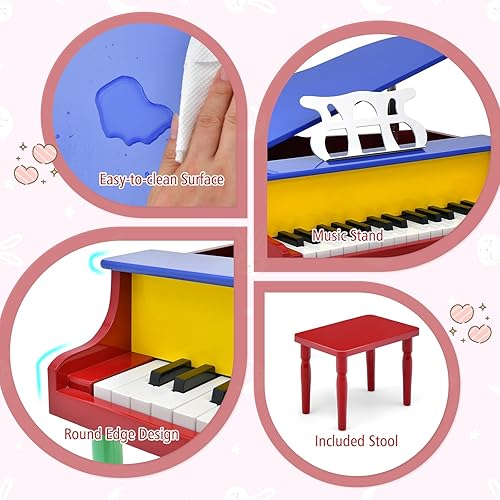 Miniatura 5 de Costzon Piano clásico para niños, piano de cola de madera de 30 teclas con soporte de música y banco, mini juguete musical para niños, ideal para