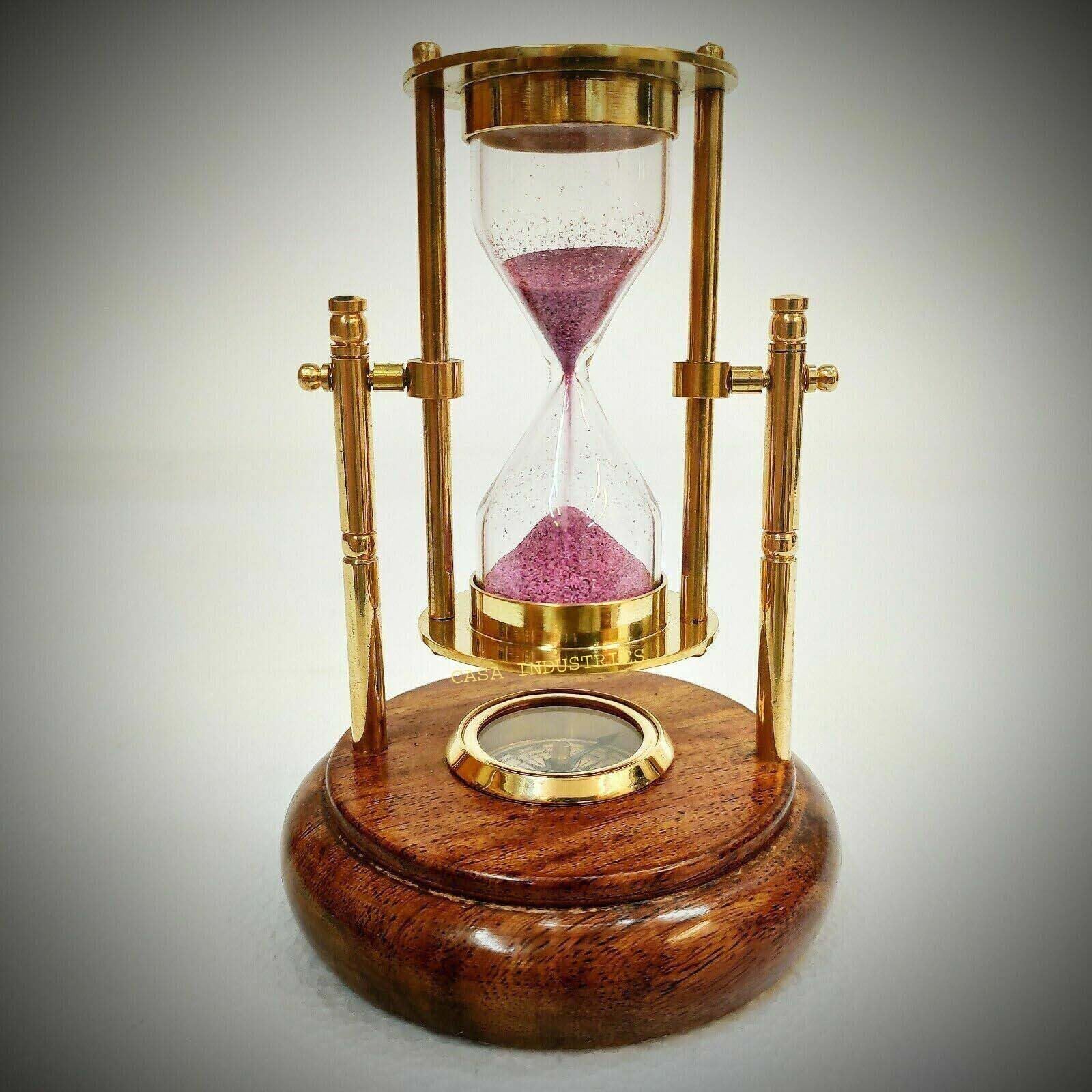Reloj de arena giratorio de latón antiguo de 6 pulgadas, brújula con base de madera, regalo náutico