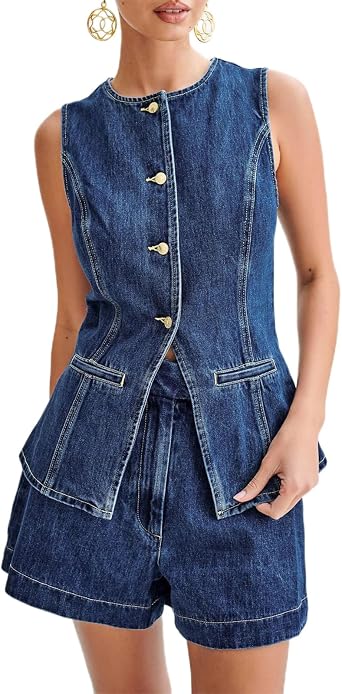 Nituyy Womens Button Down Denim Waistcoat Vest Crew Neck Versatile Jean Vest Tops Slim Fit Oversized Jean Jacket