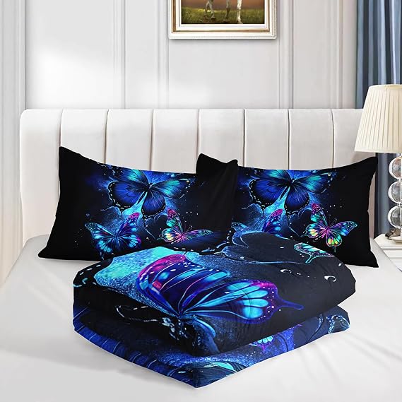 Axolotl Blue Butterfly Comforter Set Queen Size for Girls Women Kids Bright Blue Butterflies Black Sky Bedding Set Boho Floral Bedding Set Colorful Lovely Butterfly Comforter 1 Quilt 2 Pillowcases