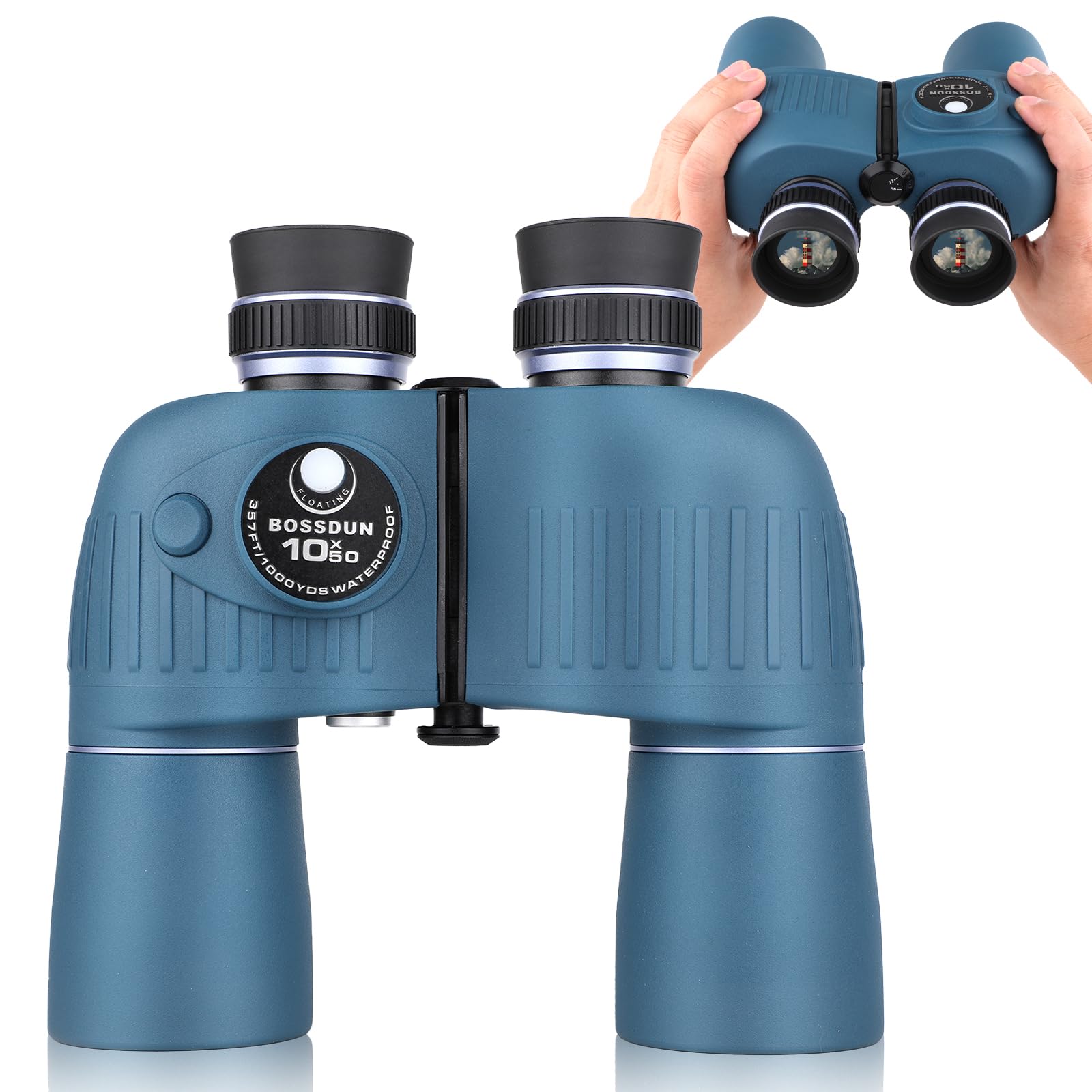 10x50 Marine Fernglas mit beleuchtetem Entfernungsmesser und Kompass, IPX7 wasserdicht, BAK4-Prismen, inklusive Trageriemen und Tragetasche (Blue)