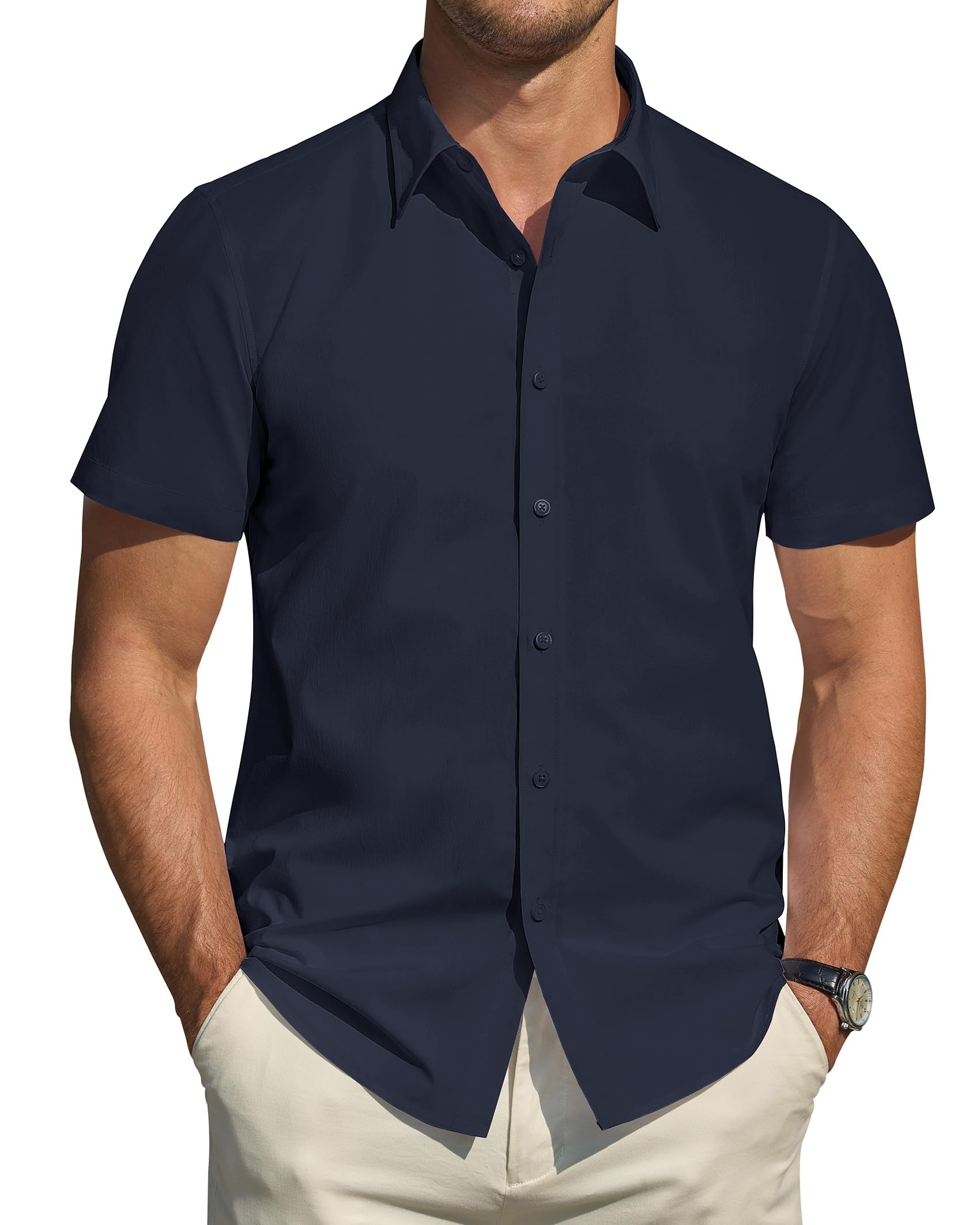 J.VER Hemd Herren Kurzarm Sommerhemd Freizeithemd Regular Fit Bügelfrei Strand Outdoor Party Dating Hochzeit Herrenhemd,Navyblau,XL