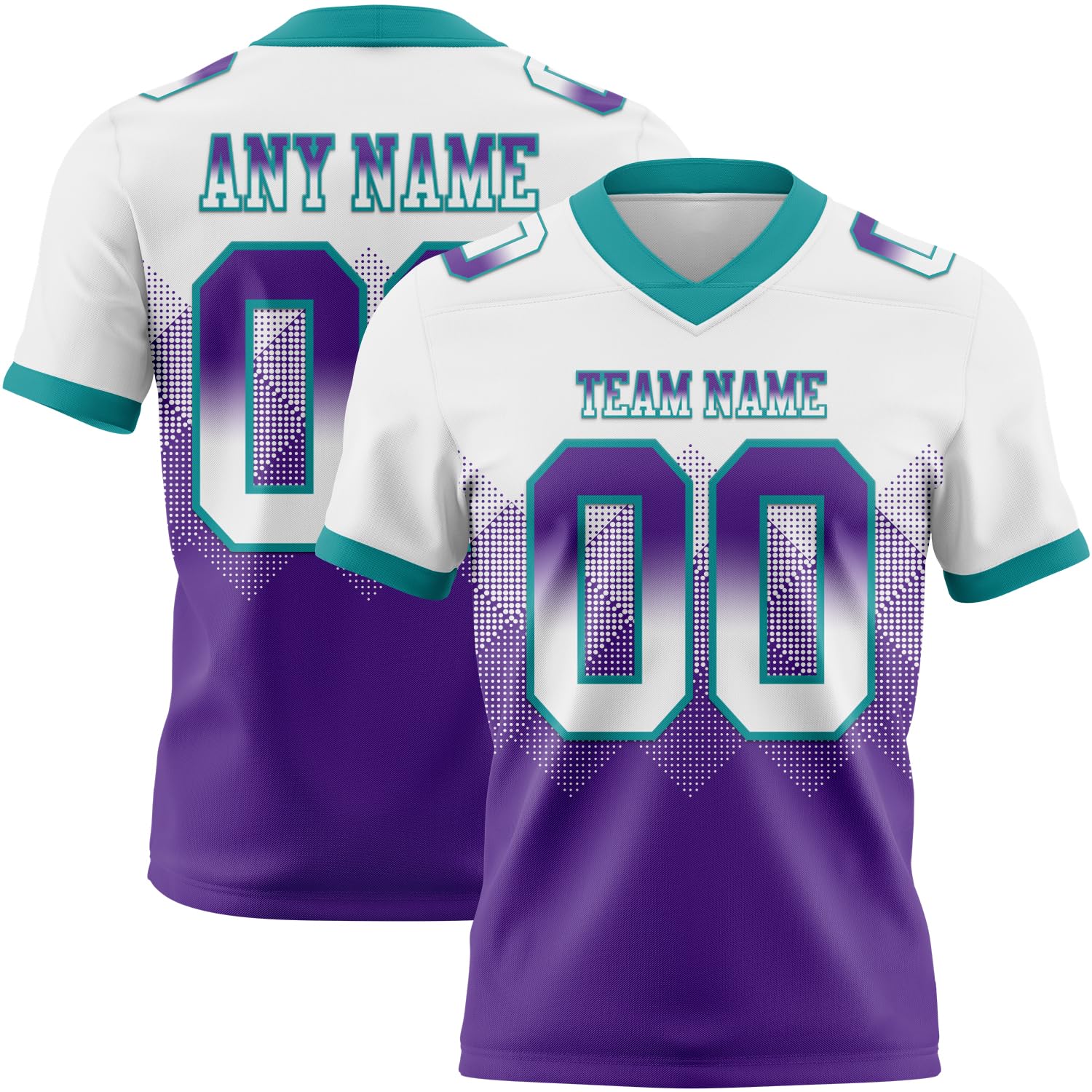 Create White and Purple Gradient Flag Football Uniforms Top for Men Women Youth, Custom Team Rugby Jerseys Shirts with Teal V-Neck, Stitched Printed Personalized Name Number Blank Soccer Fans T-Shirts