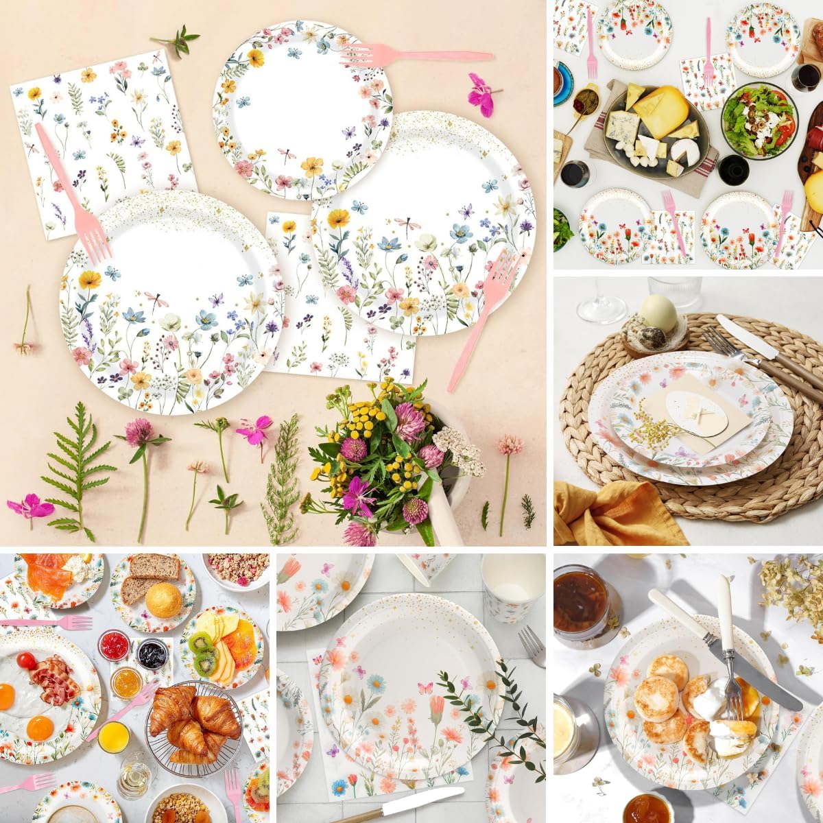270PCS Wildflower Party Supplies Serve 30, Glazeal Paper Plates and Napkins Set with Plastic Disposable Tableware for Baby Shower, Bridal Shower, Wedding, Birthday, Tea Party Decorations