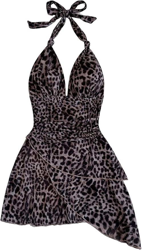 SweatyRocks Damen Leopardenkleid - T-Shirt Kleid Mit Taschen, Kurzarm Minikleid Für Sommer