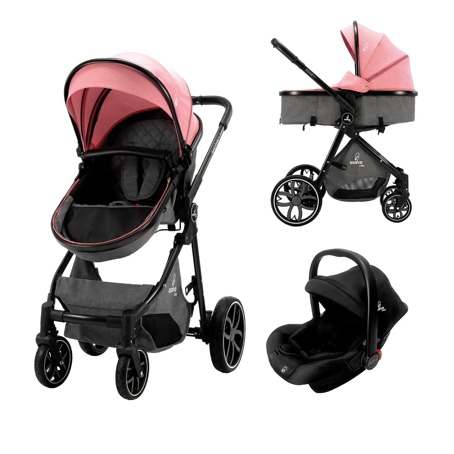 Asalvo SIDNEY 2 Trío Convertible 3 en 1, Silla de paseo, Carrito de bebé, Silla de Auto, Confortable, Segura, Capota extensible, Suspensión en las Ruedas, Freno trasero, Carga Máxima 23 kg, Rosa