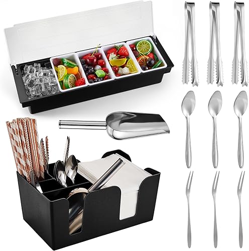 Miniatura 1 de Tessco Bandeja para decorar con tapa, contenedor de condimentos refrigerado con cuchara de hielo de acero inoxidable, 3 pinzas de metal, 3 tenedores