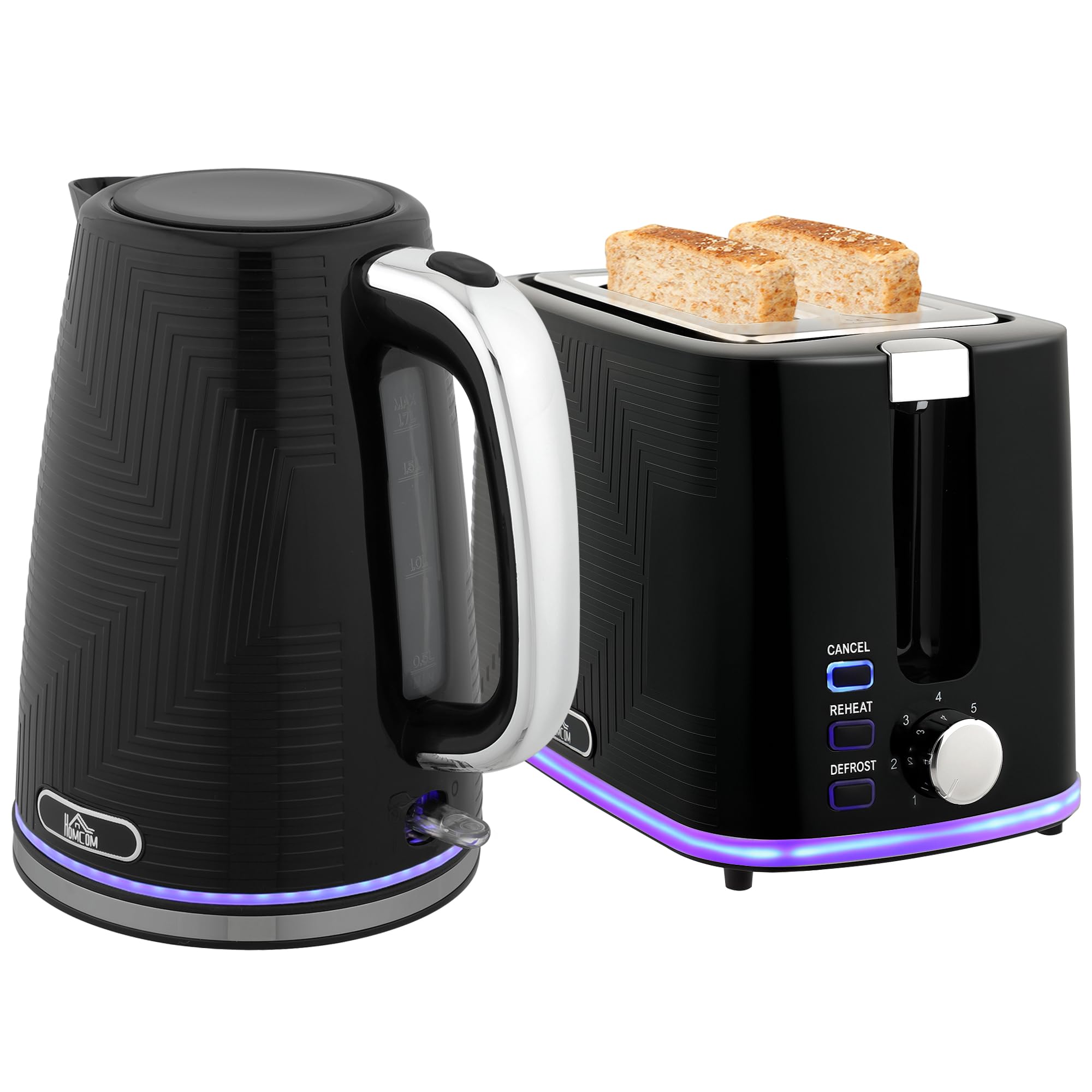 HOMCOM Wasserkocher Toaster Set 1,7L 2200W Edelstahl-Innenraum Otter-Thermostat Kalkfilter Frühstücksset 2 Scheiben Toaster 7 Bräunungsstufen Schwarz