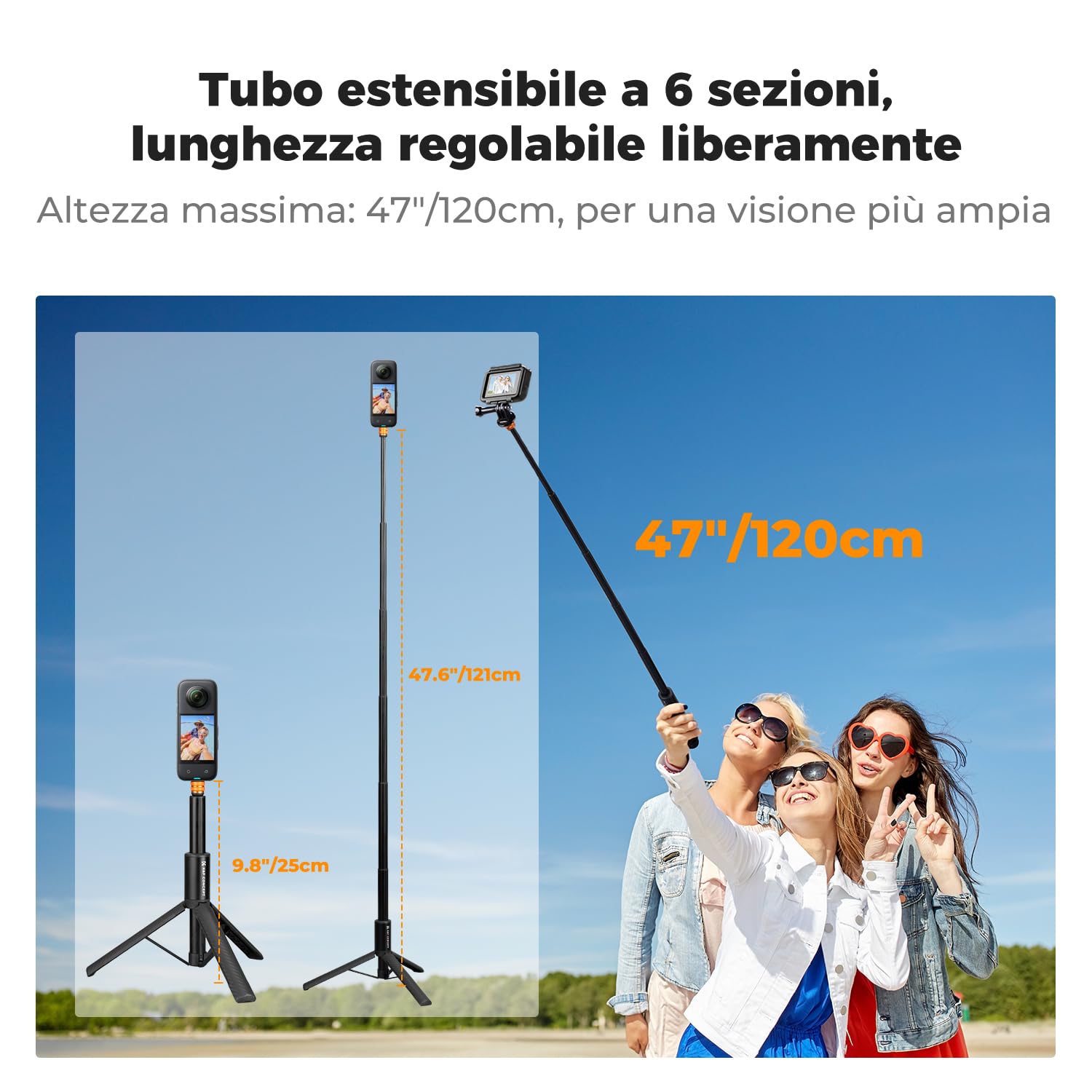 K&F CONCEPT MS21 Treppiede e Palo Selfie Invisibile Telescopico 120cm, Compatibile con Insta360 X5/X4/X3/Ace Pro, Pocket 4/3, GoPro Hero 13-5, Osmo Action 5Pro/4/3, AKASO, Luna Ultra