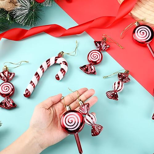 Miniatura 3 de HyDren 48 adornos de paletas de bastón de caramelo de Navidad, decoraciones de árbol de Navidad rojo y blanco, adornos colgantes de menta de