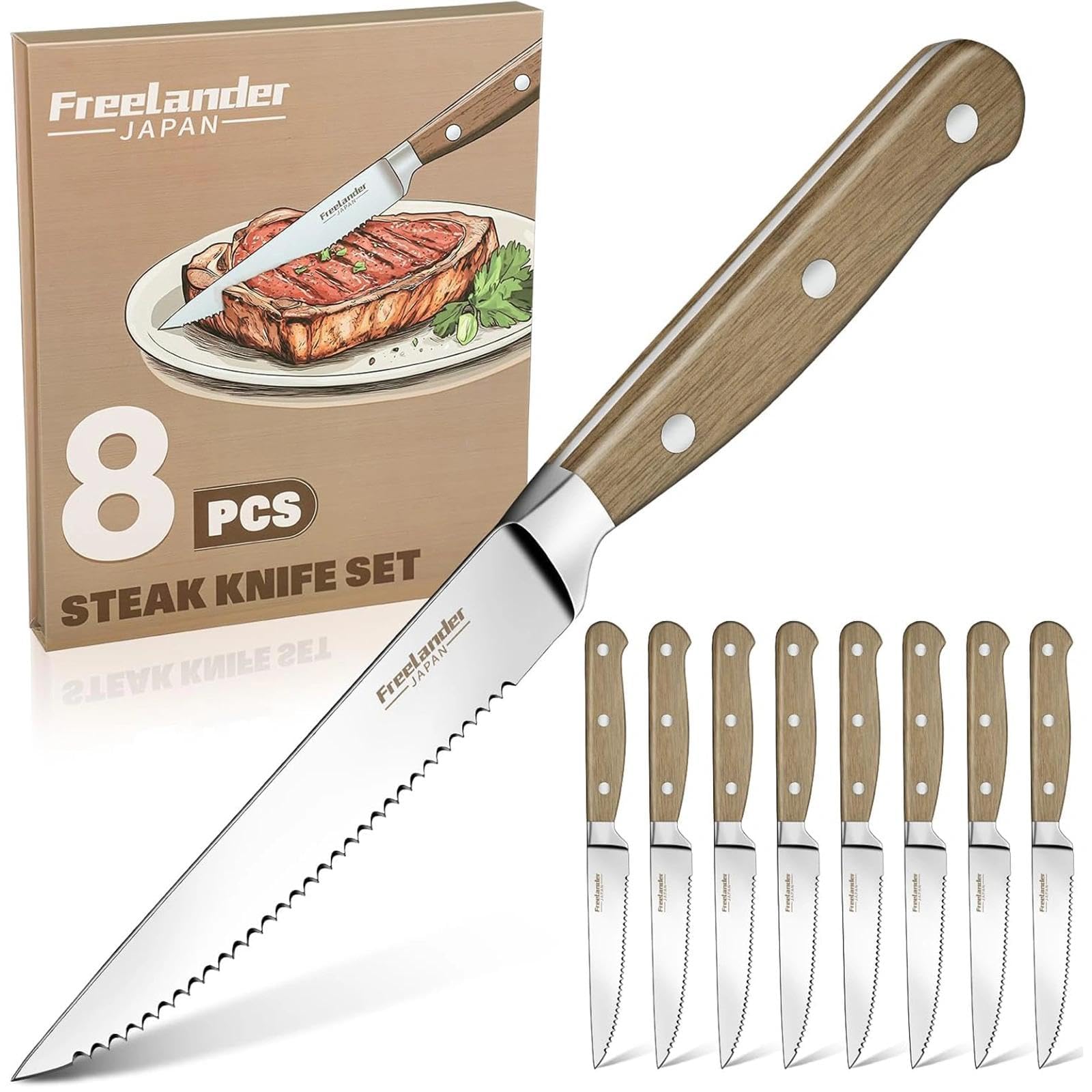 Freelander Juego Cuchillo de Carne 8 piezas, Cuchillos de Mesa con Sierra con Filo Dentado y Mango de Madera Ergonómico, Cuchillos de Bistec Afilados para Cortar Bistec y Carne