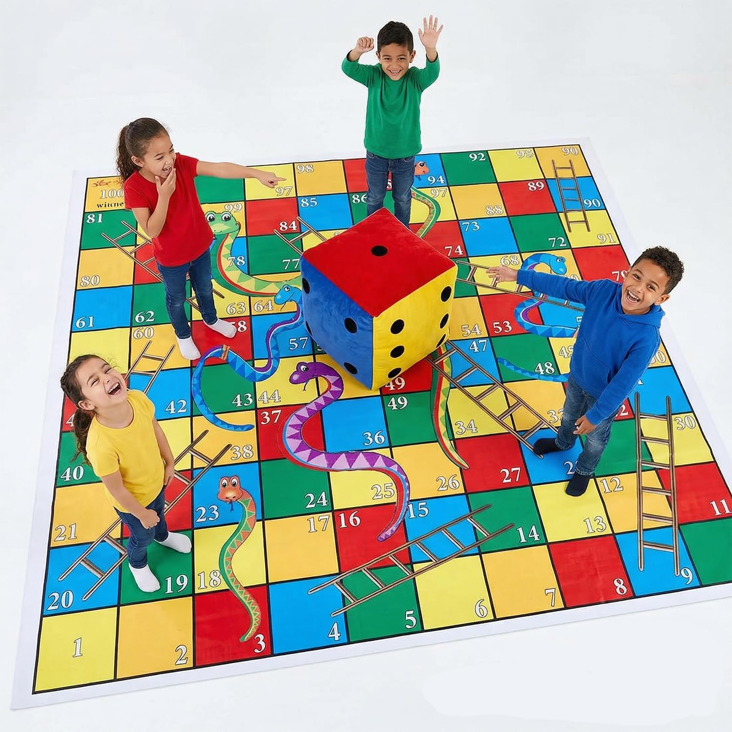 Atpata Funky Jumbo Snakes and Ladders Mat Game 10x10 Feet with 8 Inch Dice Cube – Lifesize Family Board Game for Kids & Adults, Outdoor Indoor Fun, Picnic, Party & School Activity