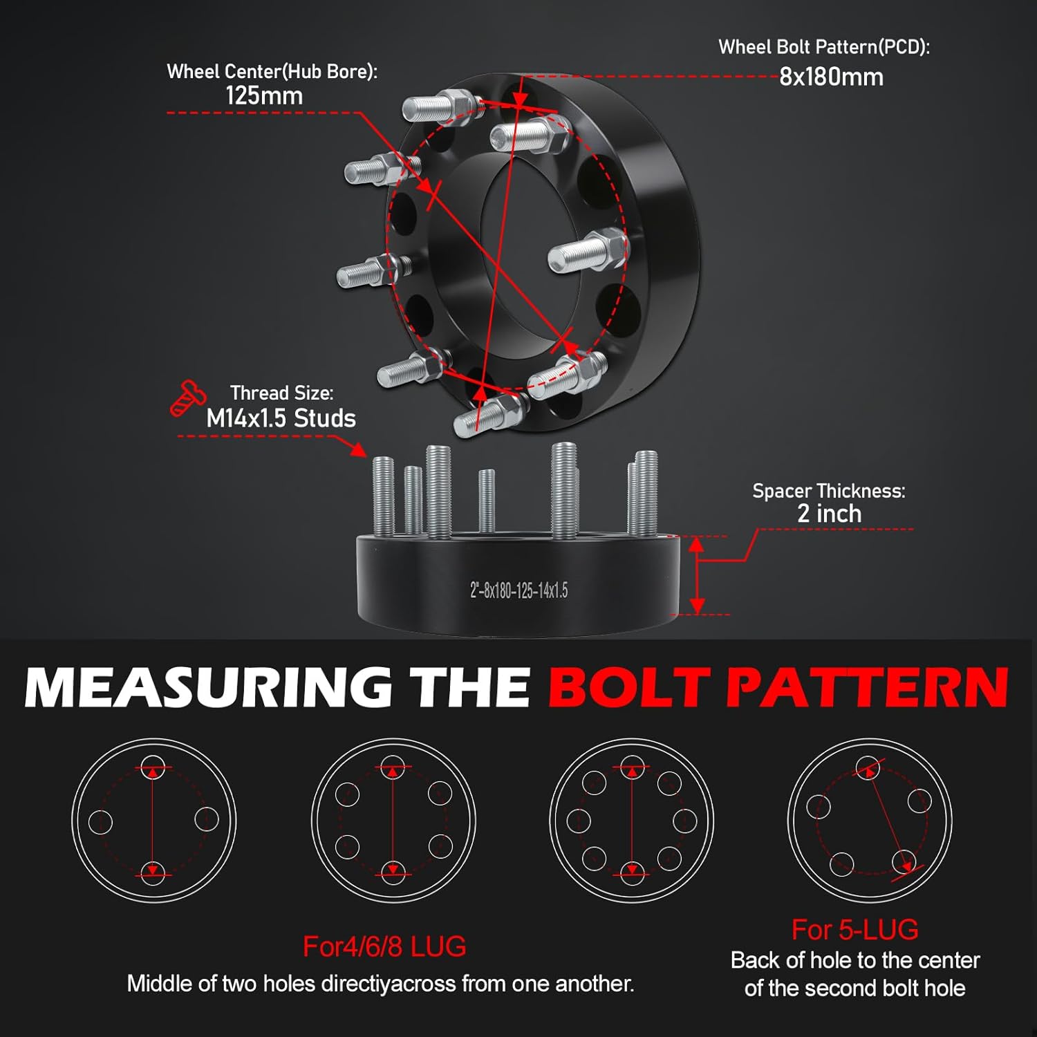 8x180mm Wheel Spacers 2 inch 125mm Hub Bore M14x1.5 Studs Wheel Adapters 4pcs Car Wheel Accessories Parts Fit for Silverado Sierra 2500HD 3500HD 2011-2019