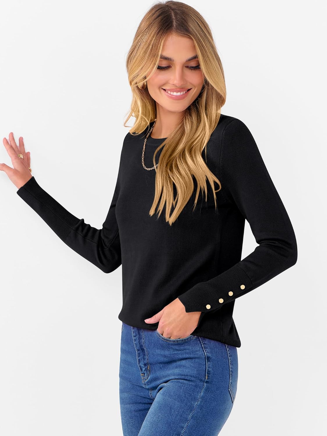 ANRABESS Sweaters for Women Long Sleeve Crewneck Fitted Business Casual Pullover Tops 2025 Fall Outfits with Button Cuff - Image 3