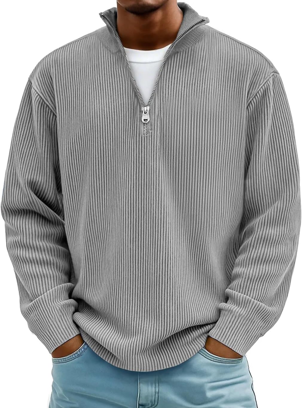 Men’s Quarter Zip Pullover Long Sleeved Stand Collar Corduroy Casual Sweater Autumn Slim Fit Business Polo Sweatshirt