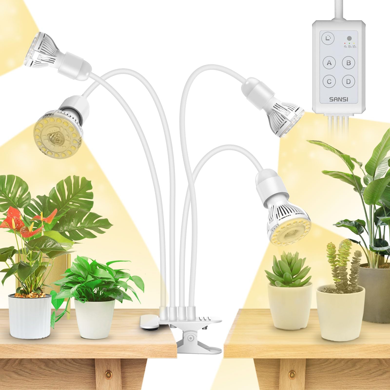 600W LED Grow Lights, 4-Head Full Spectrum LED Plant Lamp with Clip, 4000K Sunlike, Timer 4/8/12 Hrs for Indoor Seedlings Germination (Lifetime Free Bulb Replacements) - White