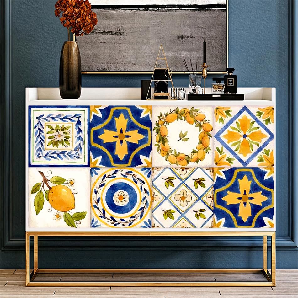 Adesivi per Piastrelle con Motivo Limoni, Piastrelle autoadesive per pareti di Cucina e Bagno, Vinile Adesivo, Impermeabili e Resistenti all'olio, 16 Pezzi (20x20 cm)