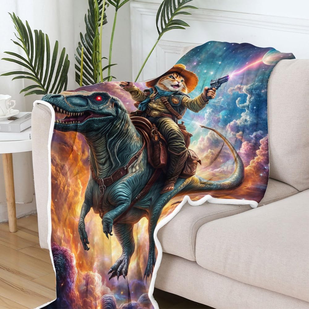 Cute Cat Dinosaur Blanket, Farmhouse Cool Cat Riding Dino in Blue Galaxy Space Rainbow Fleece Throw, Cozy Flannel Warm Soft Lightweight Fuzzy Blankets for Boys Girls Teens Women for Bed Sofa Couch