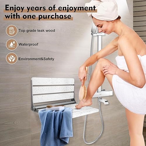 Miniatura 6 de Asiento de ducha plegable de teca de 18 pulgadas montado en la pared, banco de ducha plegable para espacio de ducha pequeño, taburete de madera de