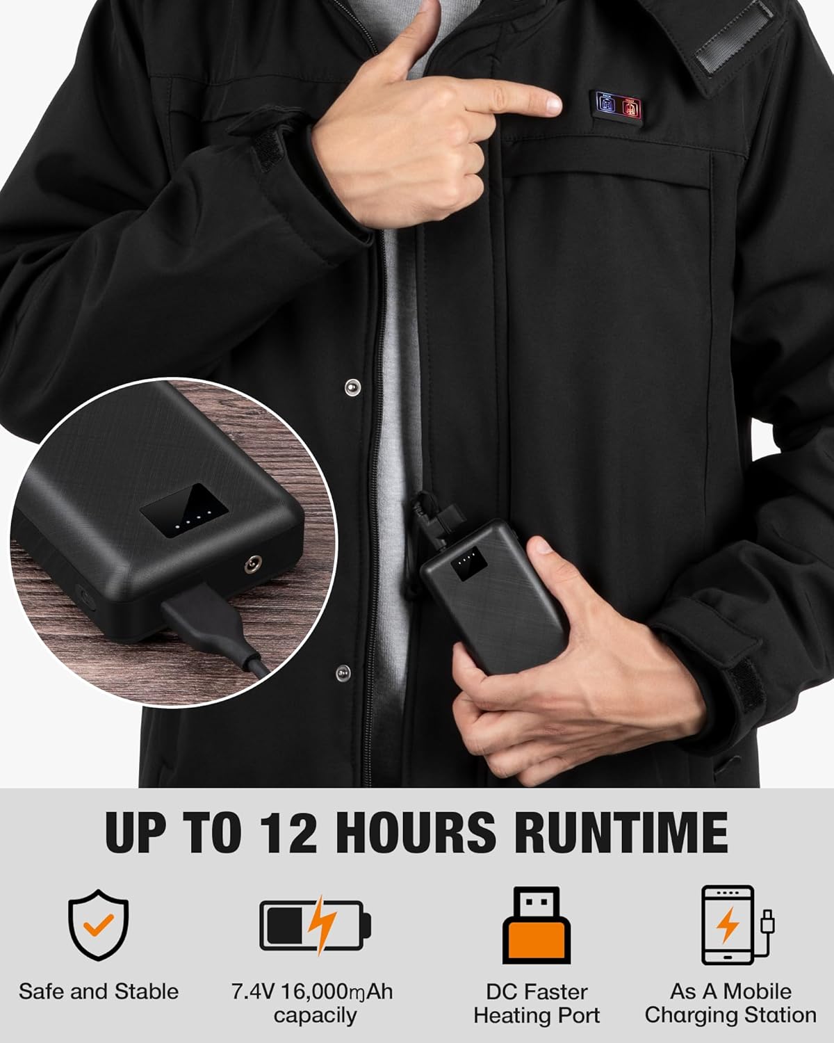 Heated Jacket for Men, Winter Outdoor Soft Electric Heating Coat with Detachable Hood, Mens Heated Jacket with 15 Heat Zones - Image 5