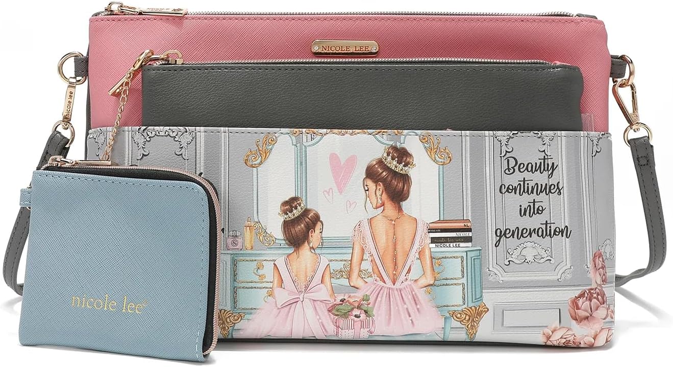 NICOLE LEE 3 Pieces Handbag Pouch Set, Removable Crossbody Strap, Large, Medium Small Zip Pouches, Travel Set