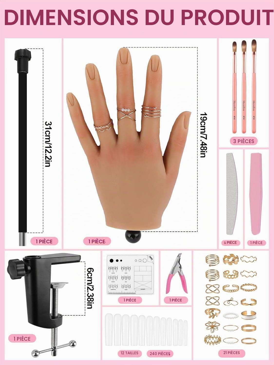 EBANKU Main d’Entraînement en Silicone pour Ongles Acryliques, Main Flexible avec Support, Main Factice Réutilisable pour Débutants et Professionnels du Nail Art