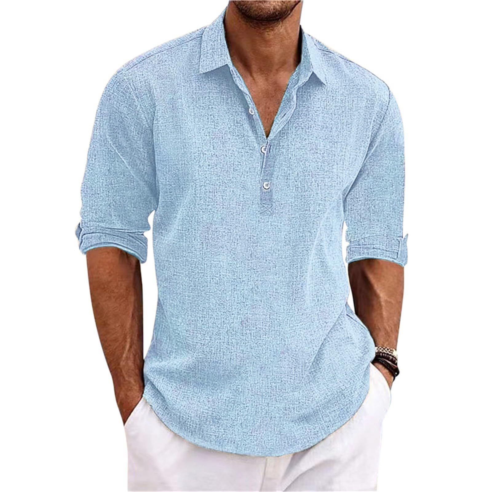 NIBESSER Camisa Lino Hombre Manga Larga Camisa Verano Hombre Elegante Camisa Slim Fit Hombre Casual con Botónes Camisas con Cuello Transpirable Color Sólido para Vacaciones Mar Playa