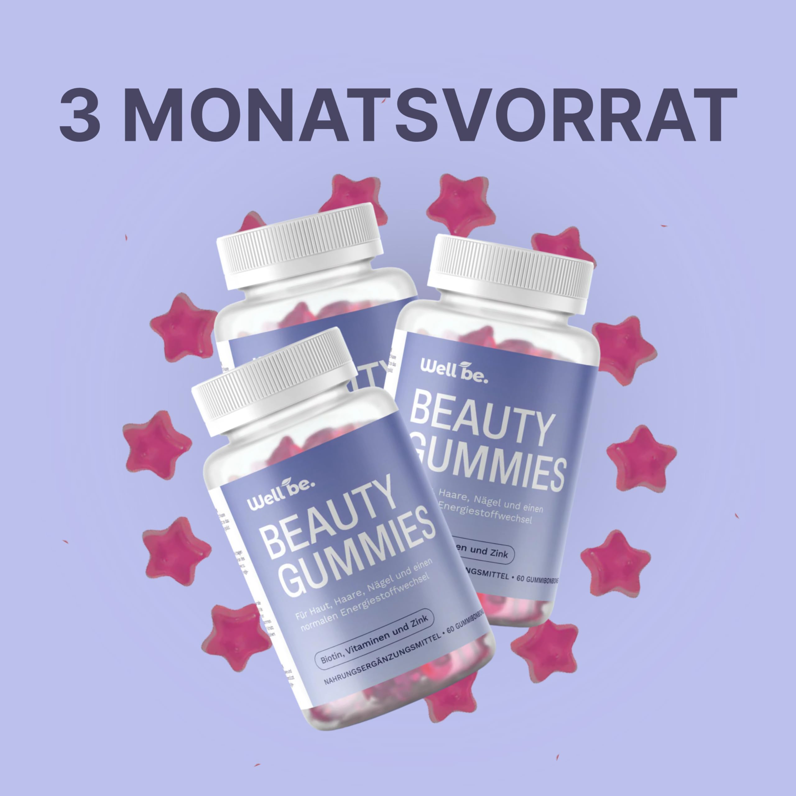 wellbe 3x60 Beauty Gummies – mit Biotin, Vitamin C, Zink & B-Vitaminen – Nahrungsergänzungsmittel für Haut, Haare & Nägel