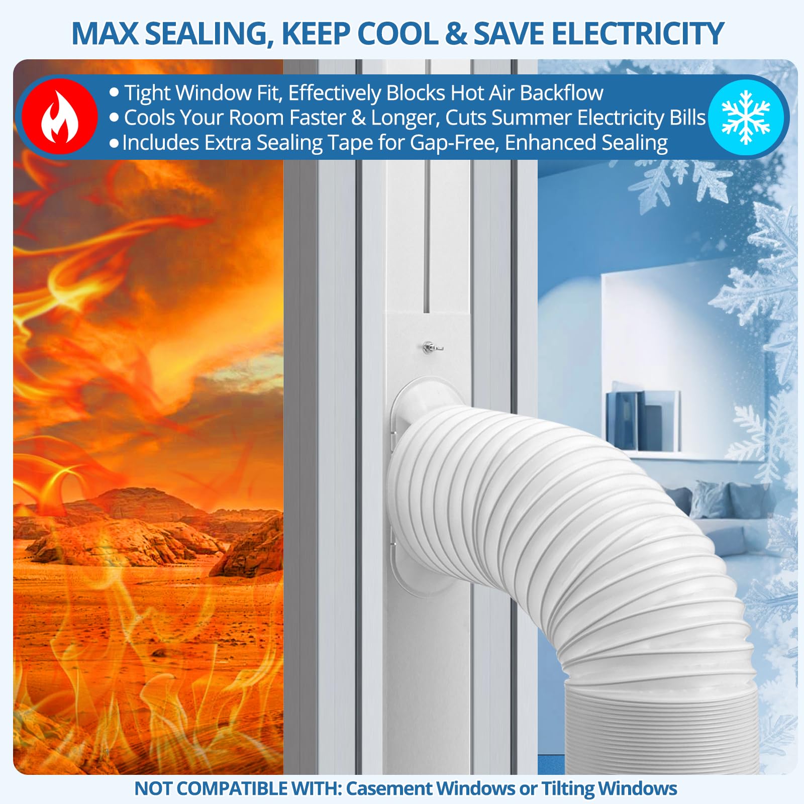 Portable AC Window Vent Kit, Universal Portable Air Conditioner Window Kit with 5.1x59 inch Anti-Clockwise Exhaust Hose, 3.9" W Adjustable Window Seal for Sliding Windows - 3