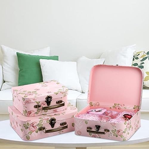 Miniatura 7 de Fasmov Paquete de 3 maletas de cartón, cajas de almacenamiento decorativas, cajas de regalo con tapas para almacenamiento de fotos, decoración del