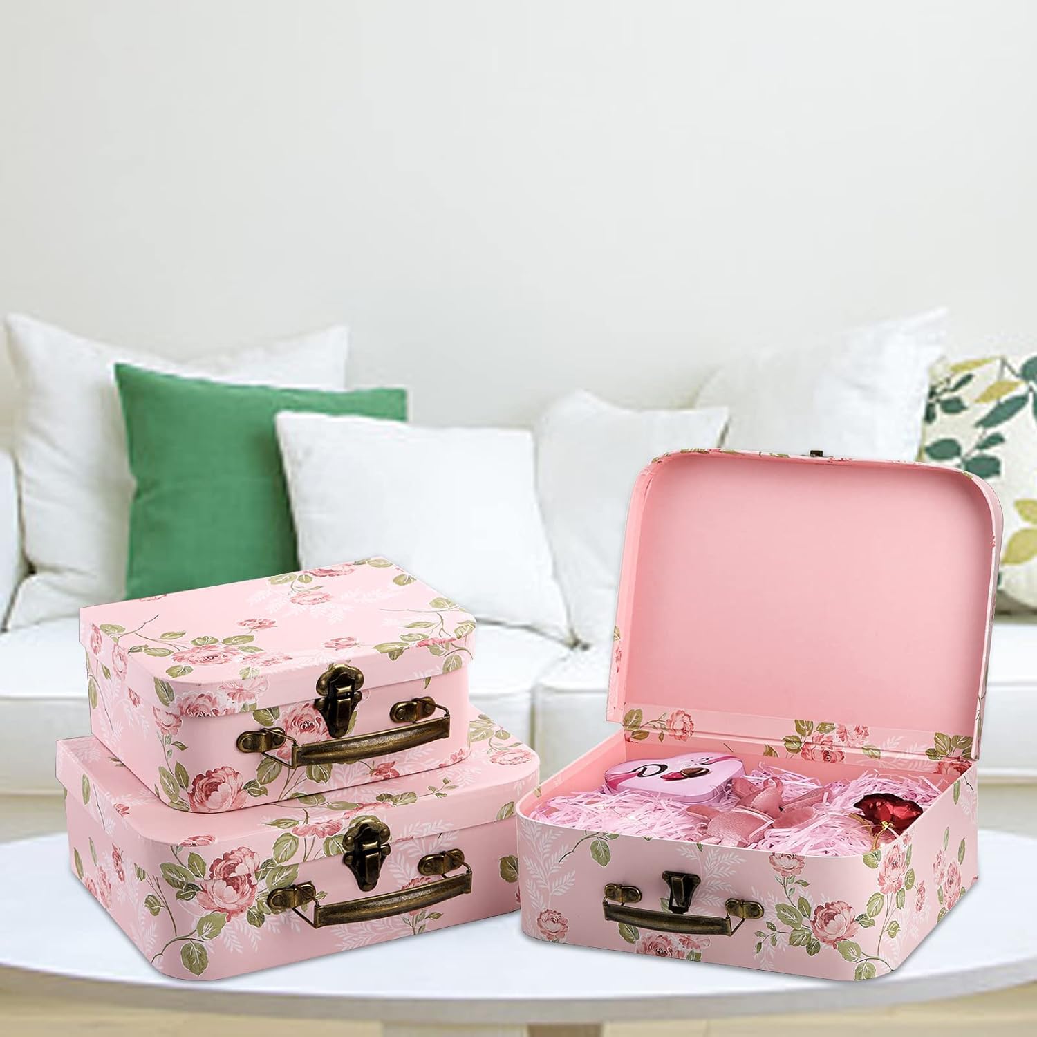 Paquete de 3 maletas de cartón con tapas, cajas de regalo decorativas para almacenamiento de fotos, decoración del hogar, boda, cumpleaños, aniversario, color rosa 7