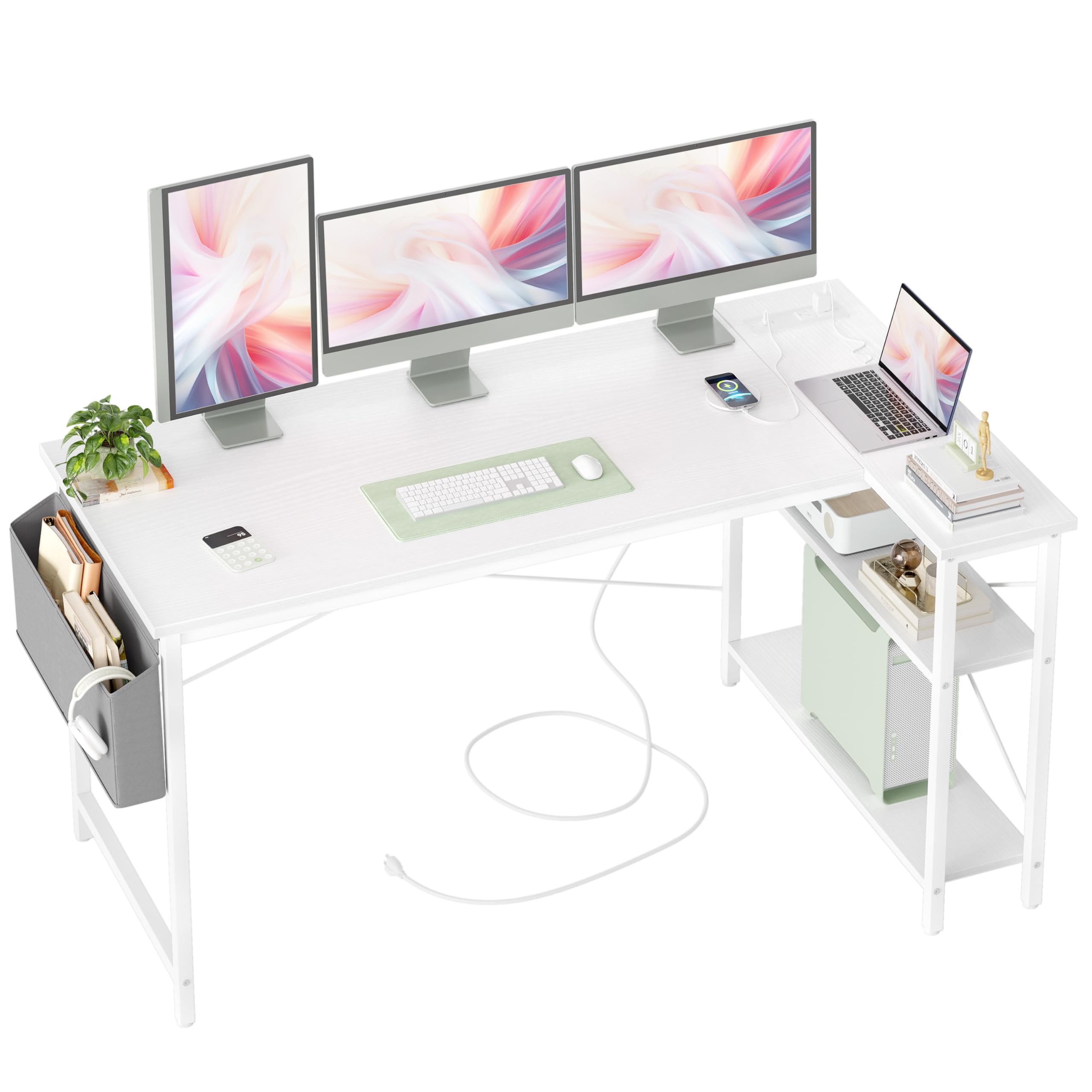 TIQLAB L Shaped Computer Desk with Power Outlets, 55 Inch Small Corner Desk with Reversible Shelves, Gaming Desk Computer Table Study Writing Desk for Home Office Small Space, White