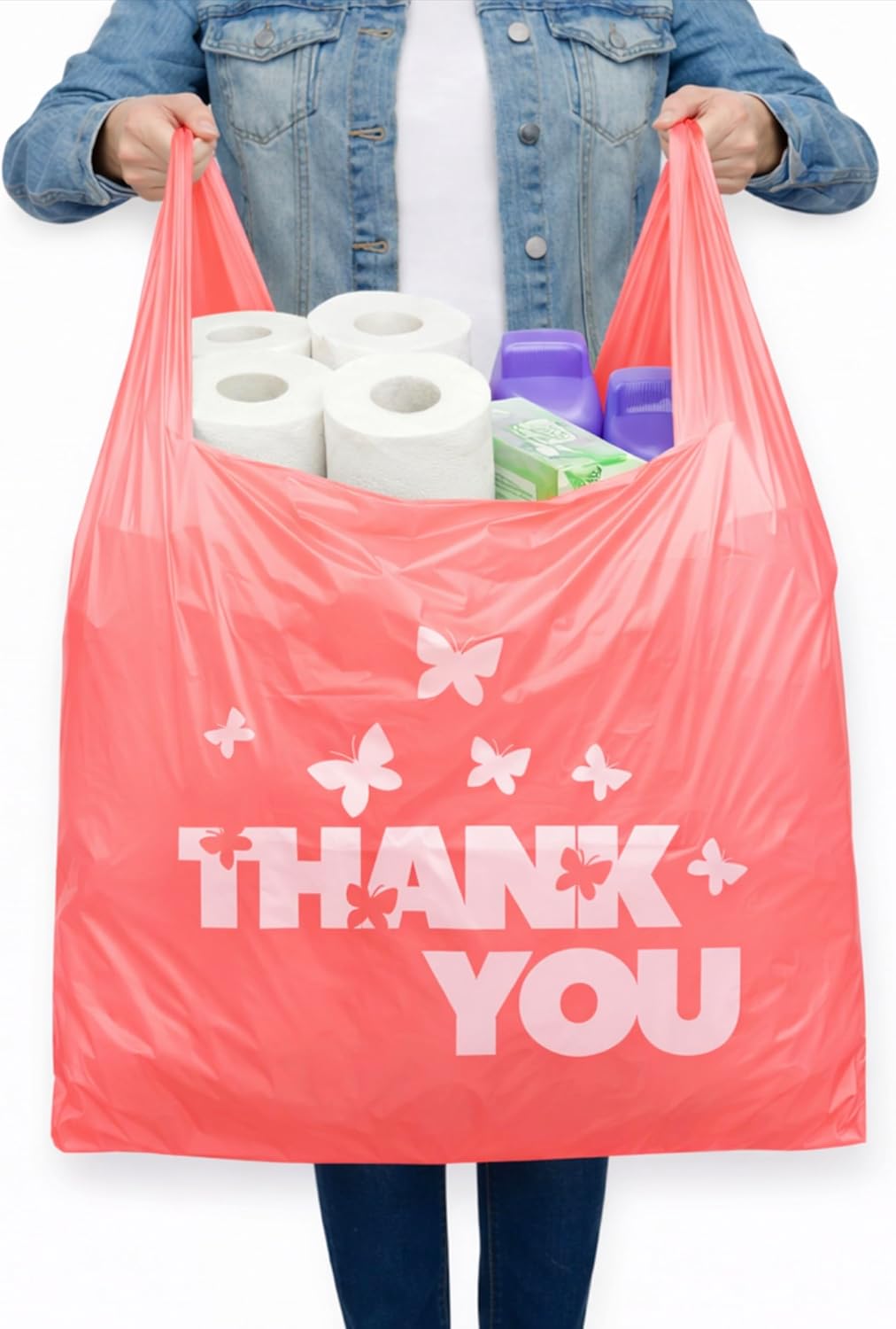 YoYoRain Oversized Thank You Plastic Bags with Handles – 50 Pack, 20x10x36, 20 Microns Thick, Heavy Duty Pink T-Shirt Bags for Retail & Grocery Use