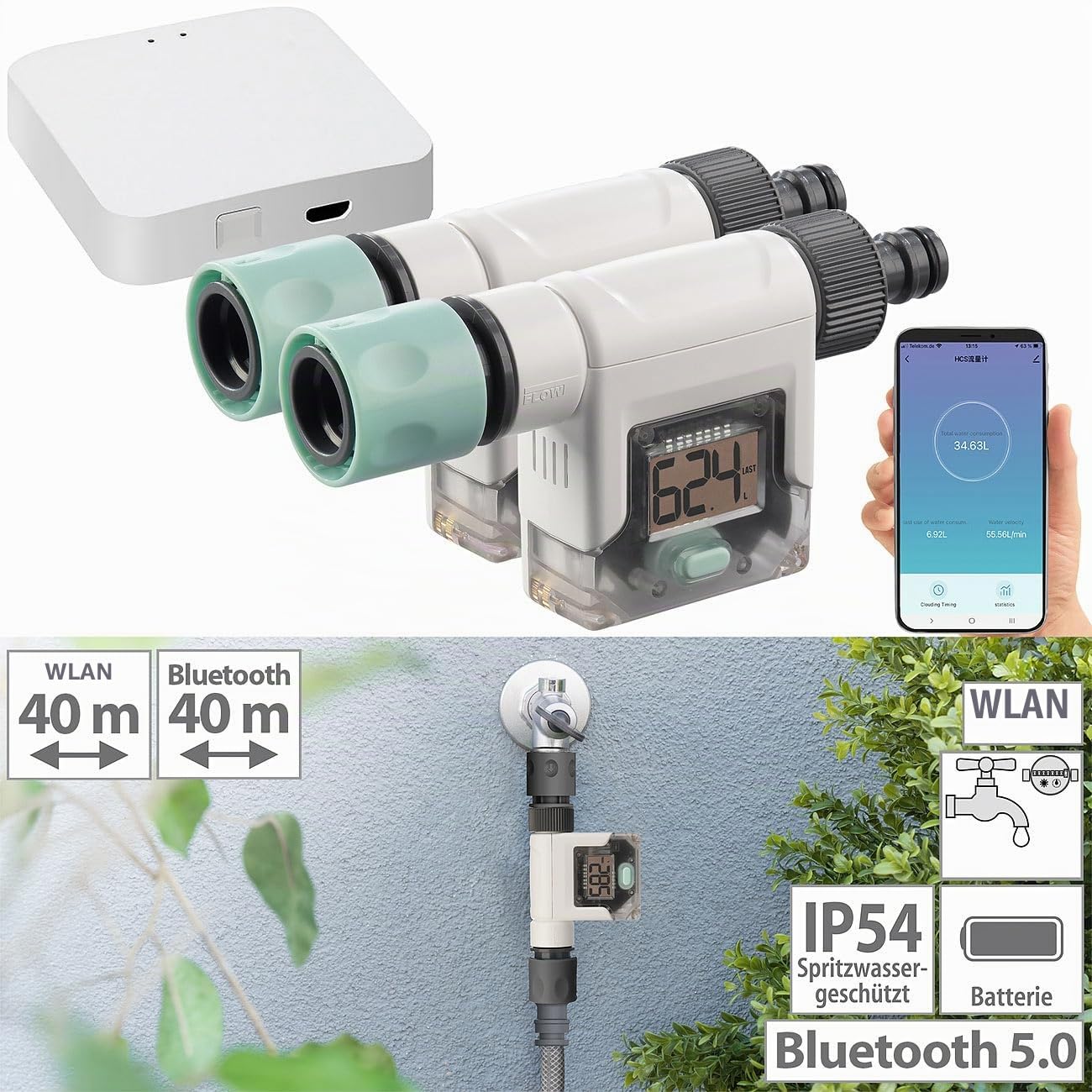 Royal Gardineer Wasserverbrauch-Zähler: 2er-Set smarte Wasserzähler für Gartenschlauch, mit WLAN-Gateway & App (Smarthome-Zentralen, Digitale Wasserzähler WLAN, Uhren)