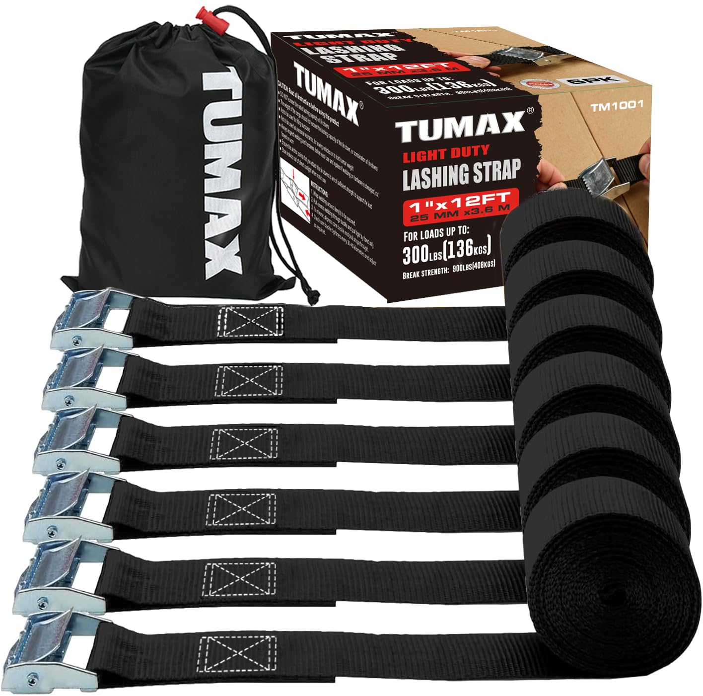 6-Pack 1" x 12FT Cam Buckle Tie Down Straps
