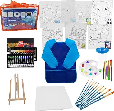 ZingArts 38-Piece Kids Art Set with 24 Acrylic Paints, Wooden Easel, Canvas, Brushes & Smock | Complete Painting Kit for Boys & Girls
