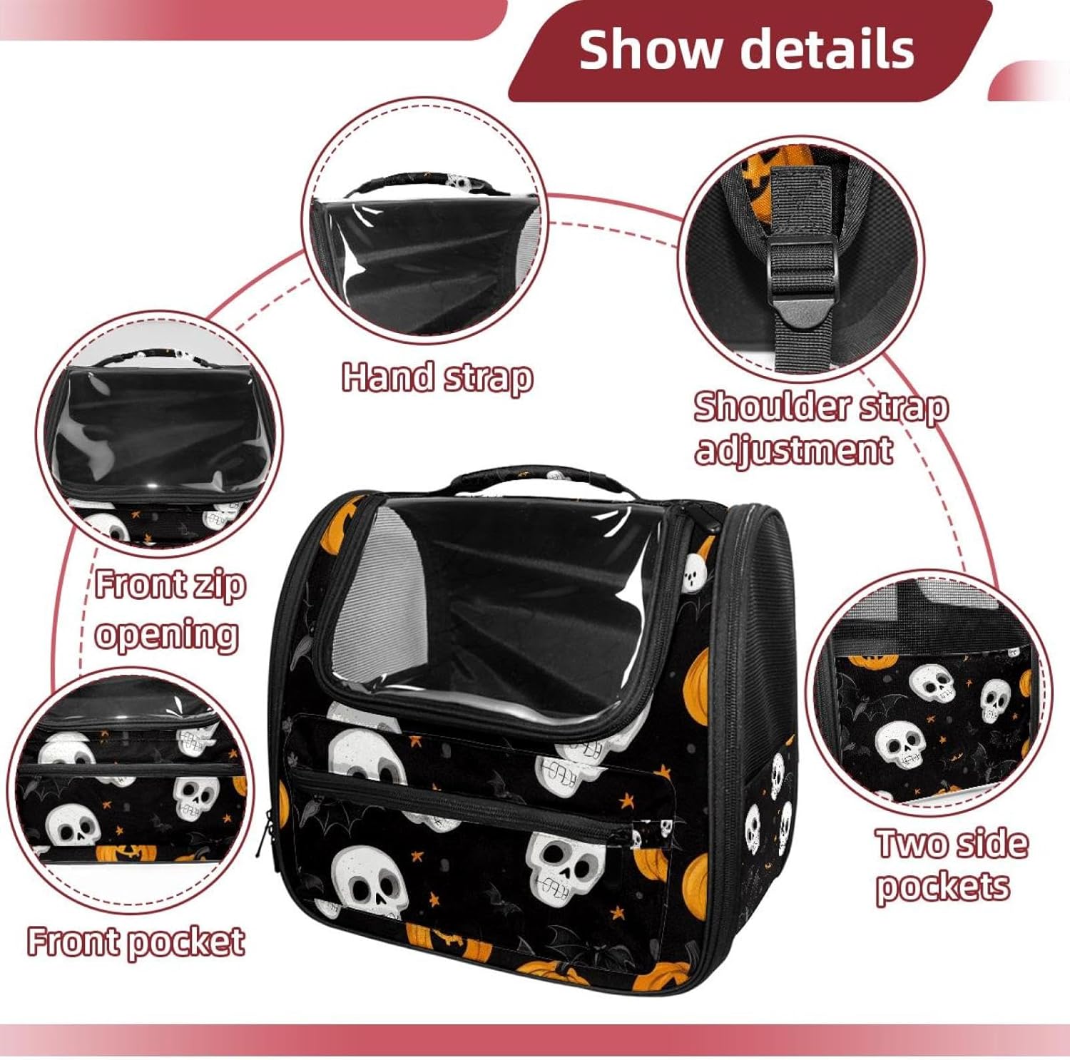 Portable Travel pet Backpack Carrier Hamster Bag Small Dog cat Carrier Breathable Hang Bag, Halloween Skulls Pumpkins Bats
