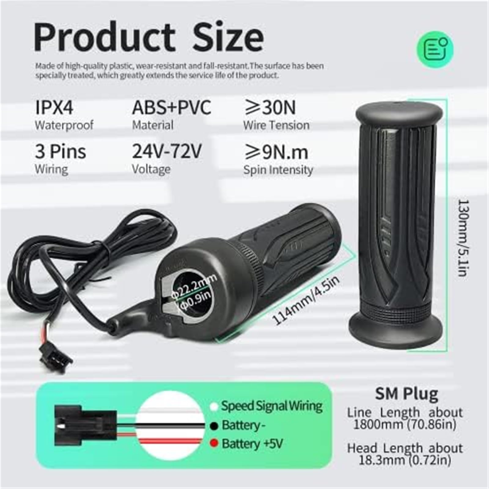 Poignée d'accélérateur Droite for vélo électrique 24 V, 36 V, 48 V, 60 V, 72 V, avec connecteur SM étanche à 3 Broches, for vélo électrique et Scooter électrique Pliable Accélérateur au Pouce