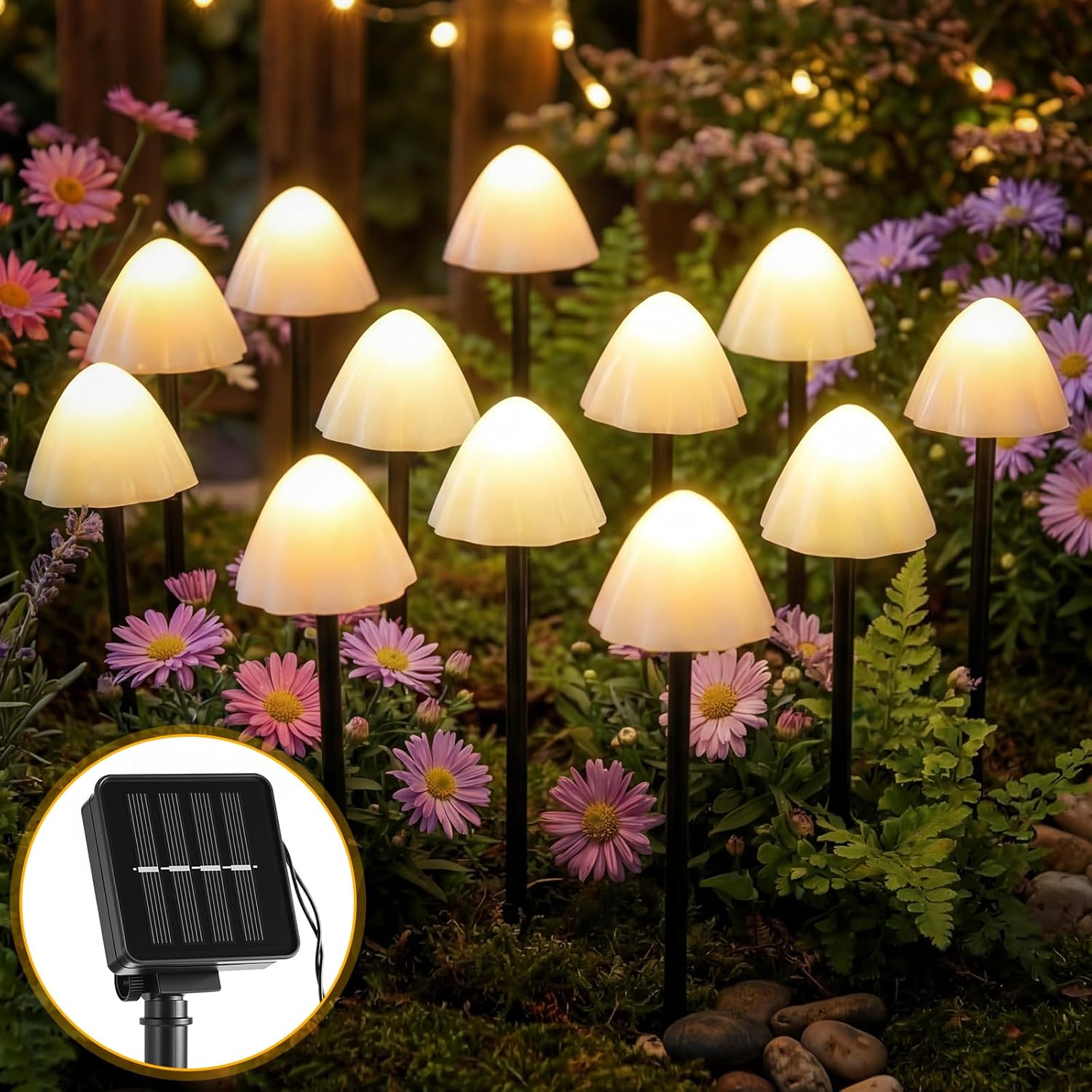 Mushroom Solar Lights for Garden Outdoor 50LED 23FT Solar Powered Garden String Lights Waterproof 8 Lighting Modes Decorative for Outside Pathway Yard Patio Lawn Mushroom Decoration