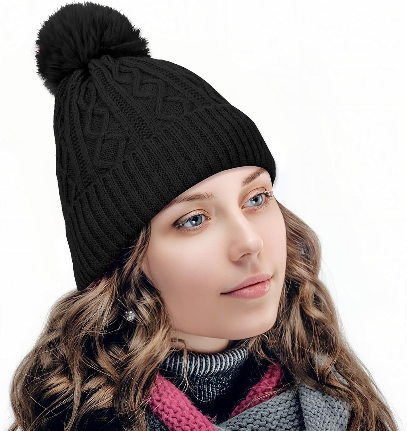 Pom Pom Beanie for Women & Girls, Stretchy Winter Hat Knit Hat, Soft Warm Beanie with Pom - Image 3