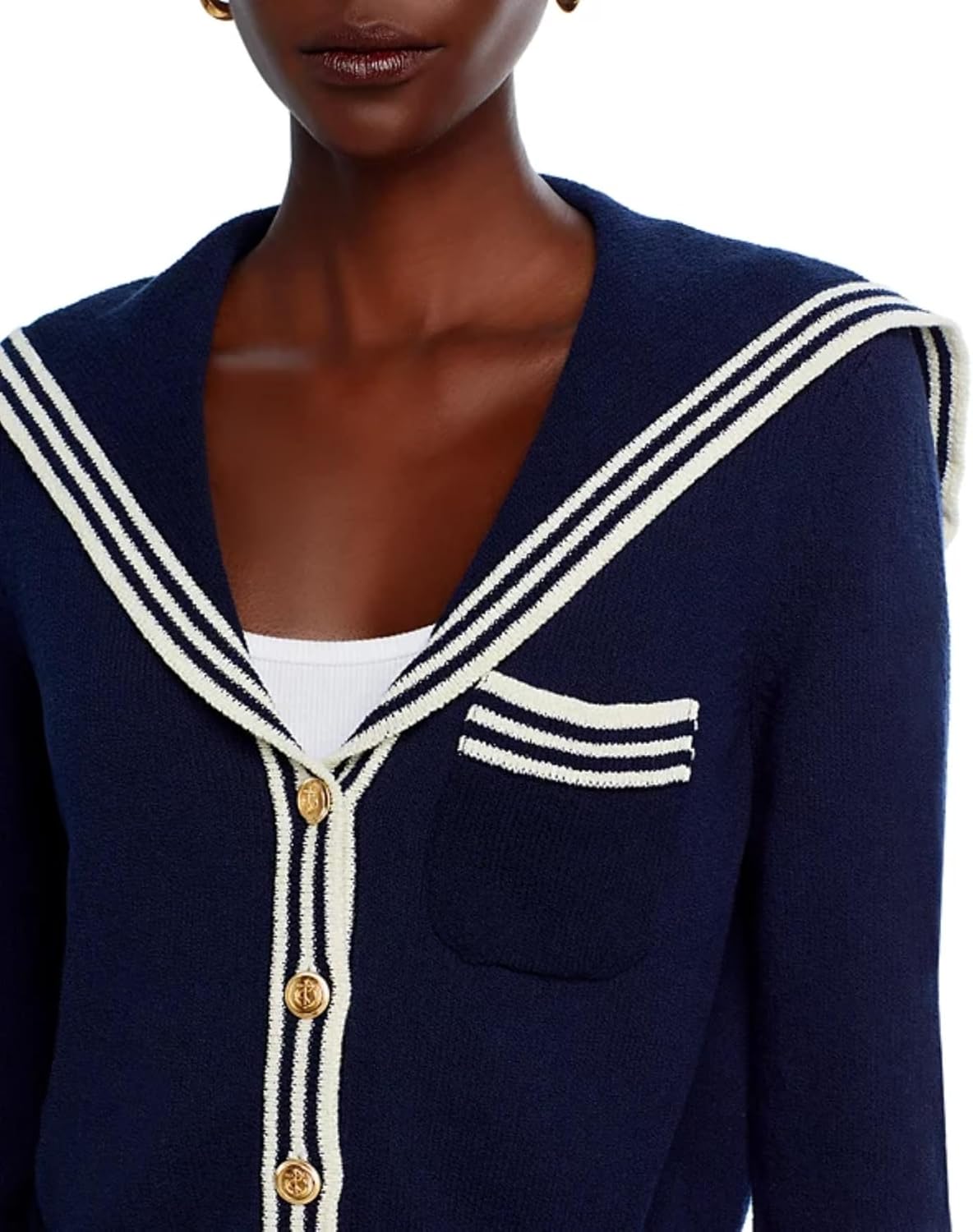 Women's V Neck Cardigan Sweaters Cropped Sailor Collar Button Up Knit Long Sleeve Open Front Coat