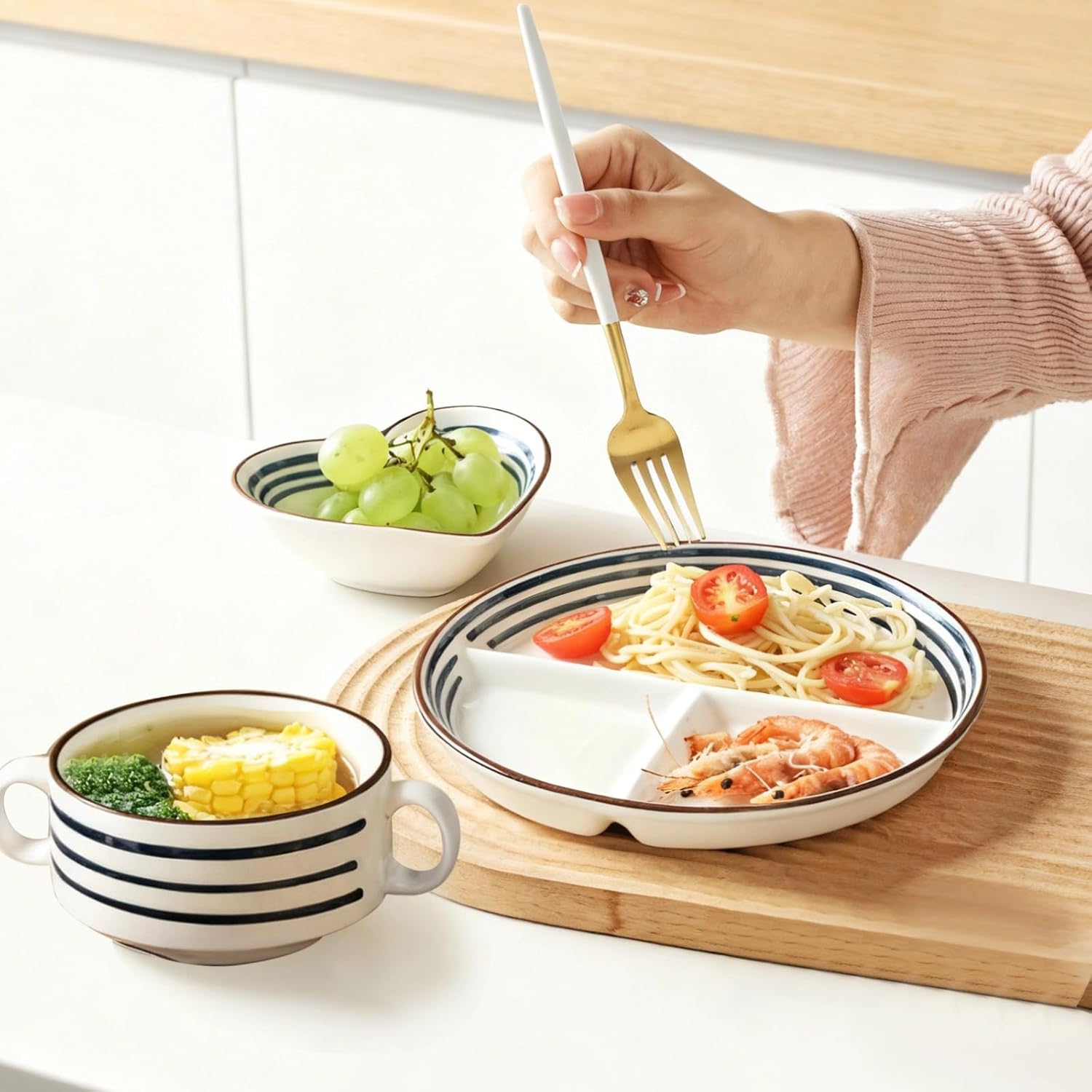 3 Pcs Divided Dinnerware Set, Ceramic Portion Control, Includes Heart Bowl And Dual-Handled Cup, Japanese Style Tableware For Adults And Youngsters
