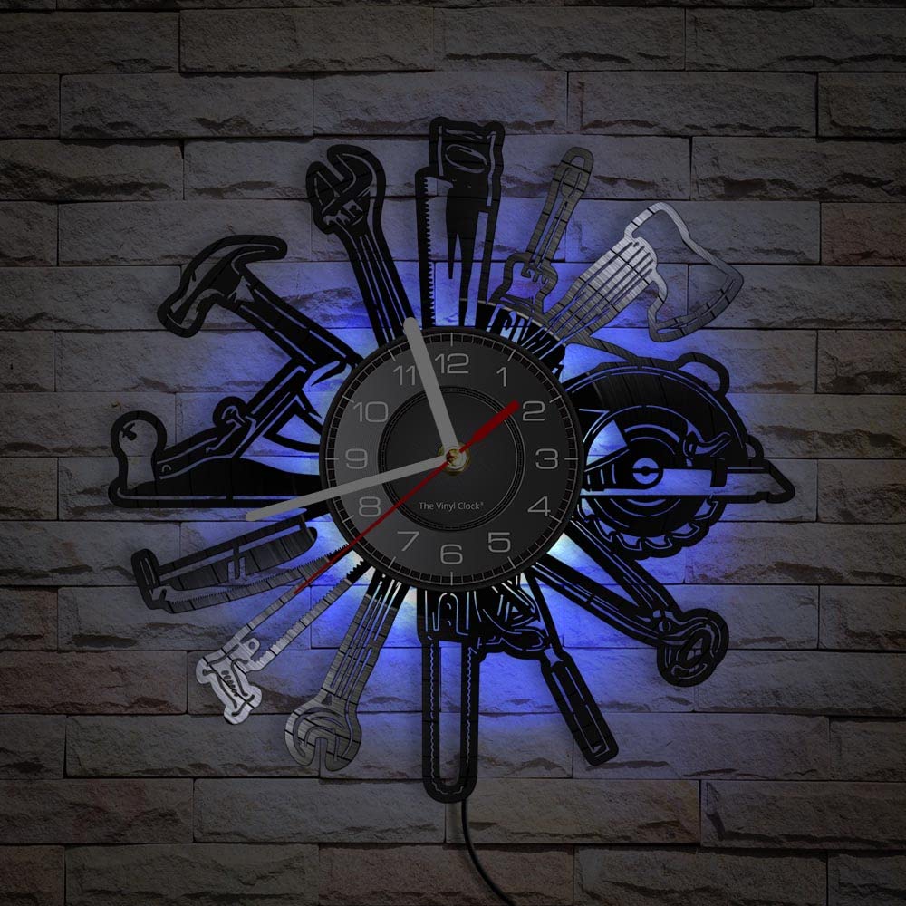 Smotly Vinyl wall clock, lumber carving tool shaped with LED night light function, wall clock gift for craftsmen.